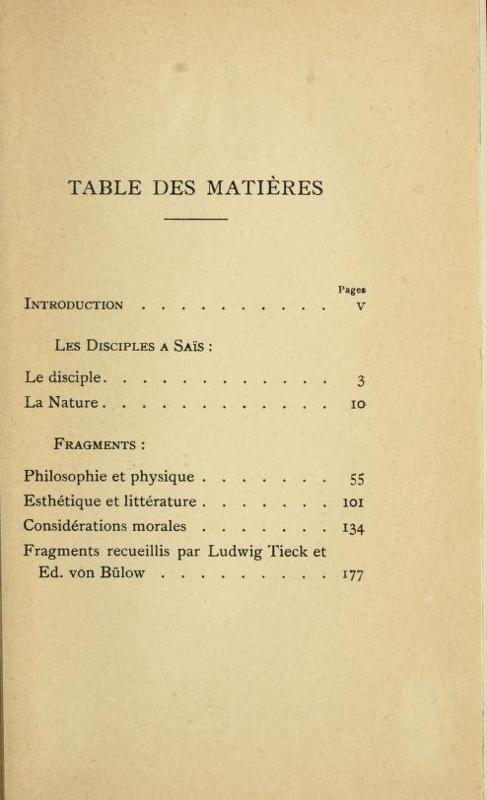 Indice del volume M. Maeterlinck, Les disciples à Sais et les fragments de Novalis, Paul Lacomblez Éditeur, Bruxelles 1914